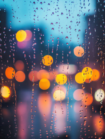 Raindrops cling to a foggy window, blurring vibrant city lights in the background, evoking a sense of nostalgia and warmth on a rainy evening.の素材