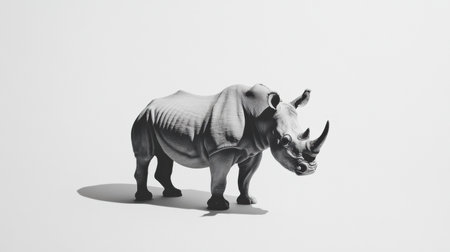 A rhinoceros stands gracefully with intricate gray skin details, illuminated by soft shadows on a minimal white backdrop, highlighting its robust form.の素材