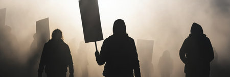 Protesters stand in a foggy atmosphere, holding banners high as they demonstrate for social issues, creating an impactful and dramatic visual moment.の素材