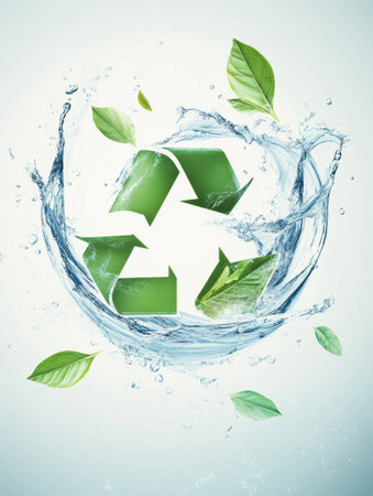 Flowing water surrounds a recycling icon made of green leaves, representing eco-friendliness and the importance of sustainability in our daily livesの素材