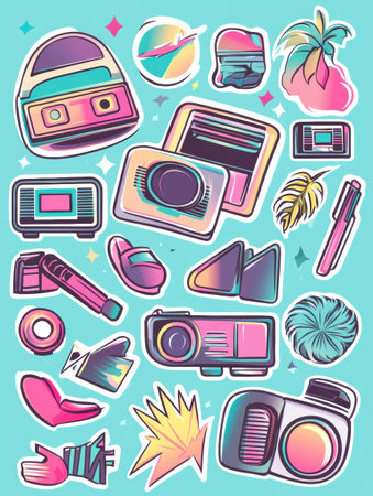Colorful retro 90s style sticker collection showcases funky shapes, VHS tape textures, and pastel gradients capturing pop culture nostalgia in vibrant detailの素材