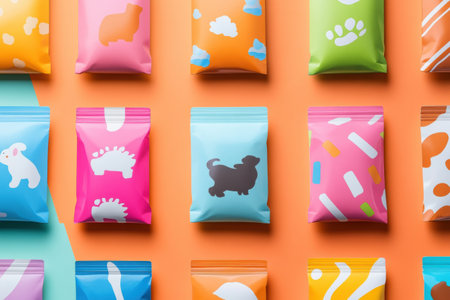 Brightly colored packaging designs for pet food showcase a variety of fun graphics, neatly arranged in rows for an appealing presentation and visibility.の素材
