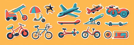 Colorful stickers showcase various modes of transportation, including airplanes, bicycles, scooters, and skateboards, perfect for creative projects.の素材