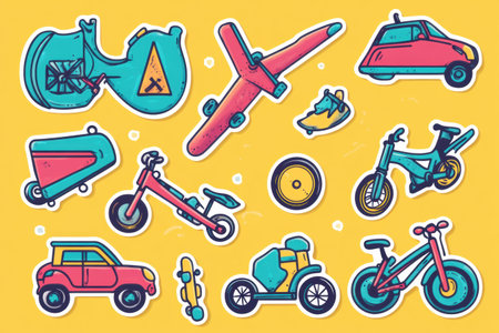 A vibrant collection of transportation stickers showcases planes, bikes, scooters, and skateboards against a lively, colorful backdrop.の素材