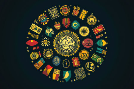A round layout showcases various national emblems and flags, reflecting themes of unity and diplomacy among countries around the world.の素材
