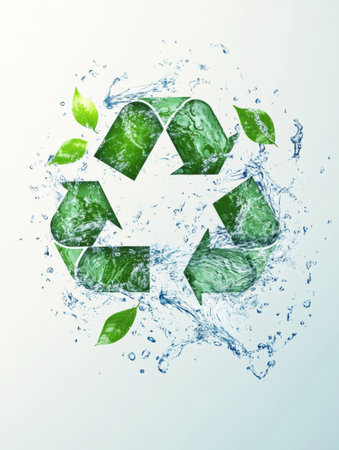 A recycling symbol of flowing water and green leaves symbolizes dedication to sustainability and promotes eco-friendly practices.の素材