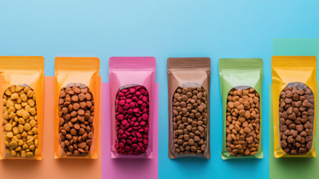 Colorful packaging mockups display dry and wet pet food in a flat layout, featuring vibrant designs for a visually appealing presentation.の素材