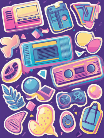 Vibrant 90s-inspired stickers feature funky shapes, bold outlines, VHS textures, and playful pastel gradients on a lively background.の素材