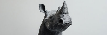 A rhinoceros stands in a serene pose, with detailed gray skin and subtle light shadows accentuating its features against a plain white background.の素材
