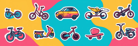 Stylish transportation stickers featuring bikes, scooters, and skateboards on vibrant backgrounds, ideal for creative projects.の素材