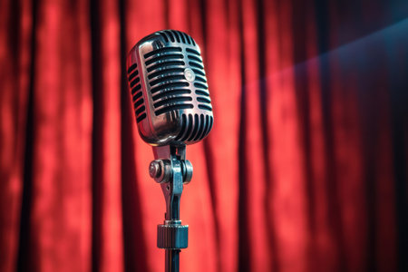 A vintage microphone stands ready in front of a red curtain, illuminated by a spotlight, suggesting an upcoming impactful speech performance.の素材