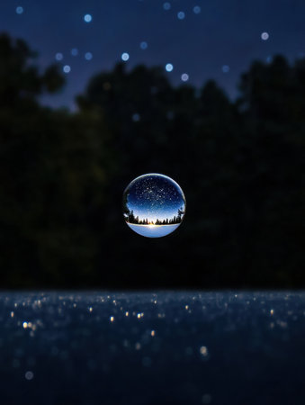 A solitary raindrop captures the beauty of a starry night sky with twinkling stars, showcasing natures wonder during a calm evening in a wooded areaの素材