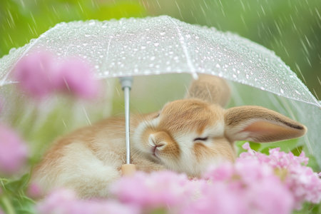 A bunny enjoys a tranquil nap while sheltered under a flower-shaped umbrella, surrounded by blooming flowers as gentle spring rain falls around it.の素材