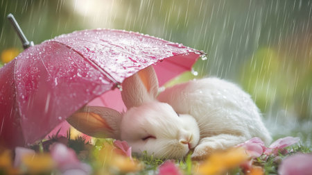 A cute bunny is peacefully sleeping beneath a floral umbrella as gentle spring rain falls, creating a serene atmosphere in a blossoming garden.の素材