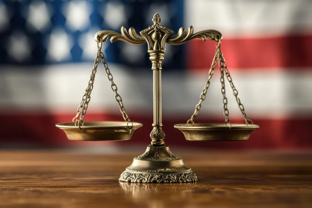 Scales of justice in front of a gently waving flag symbolizes fairness, law, and authority in governance and liberty.の素材