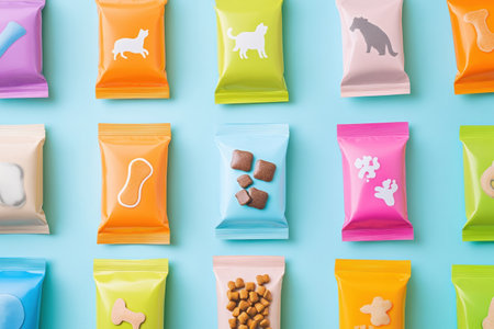 Vibrant mockups of pet food packaging are neatly organized, showcasing unique designs for dry and wet food options in various colors on a flat presentation.の素材