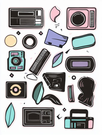 A vibrant collection features retro 90s style stickers with funky shapes, bold outlines, and pastel gradients, perfect for decorating and expressing nostalgia.の素材