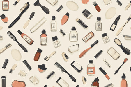 This design showcases a seamless pattern of beard icons, razors, and grooming bottles against a muted background, perfect for masculine themes and products.の素材
