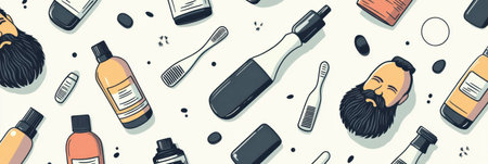 This design features a seamless pattern of beard icons, razors, and grooming products on a soft, muted backdrop for a modern look.の素材