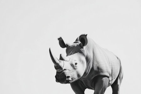 A rhinoceros stands prominently with intricate gray skin textures. Soft shadows accentuate its features against a simple white backdrop, emphasizing its form.の素材