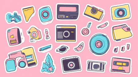 A colorful collection of retro 90s stickers with unique shapes and textures, inspired by VHS aesthetic and bold outlines showing nostalgic elements.の素材