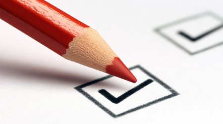 A red pencil highlights a checkbox on a ballot paper, symbolizing voter participation in an election, showing a simple yet impactful political gestureの素材