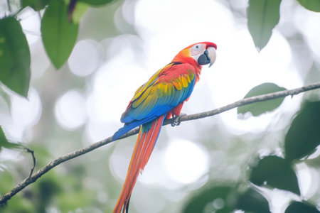 A scarlet macaw stands proudly on a slender branch with brilliant feather colors, creating a striking contrast against a bright white backdrop.の素材