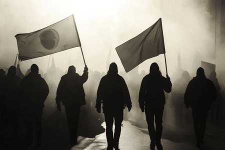 Silhouetted figures holding banners march forward in a foggy urban setting, embodying the spirit of activism and protest amid low visibility conditions.の素材