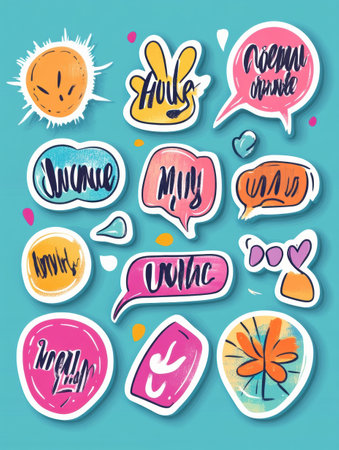 Set of colorful bubble text stickers showcases inspiring quotes in unique handwritten styles, perfect for enhancing creativity and positivity in projects.の素材