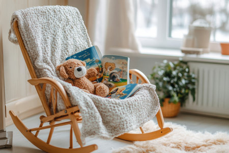 A rocking chair draped with a cozy blanket holds a plush toy and illustrated animal storybooks, creating a warm reading space during winter.の素材