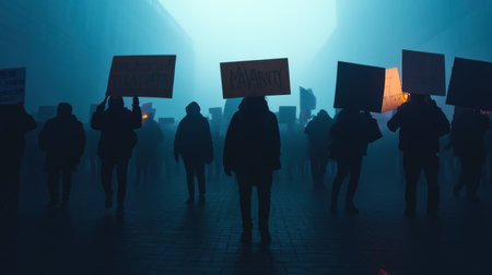 Activists gather in a foggy environment, holding banners that express their demands for change and equality as twilight descends upon the gathering.の素材