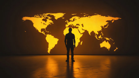 A person stands in silhouette before a bright, glowing world map, surrounded by open space with minimal light creating a contemplative atmosphere.の素材
