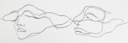 A continuous black ink line forms an abstract face on white paper, embodying modern minimalism with elegant, fluid shapes.の素材