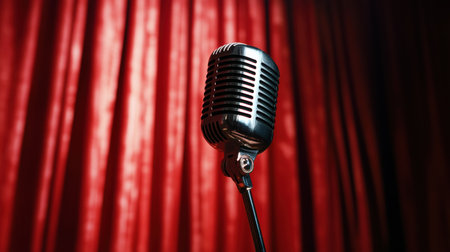 A retro microphone is positioned in front of an elegant curtain, illuminated by a spotlight, embodying the essence of performance and public speaking.の素材