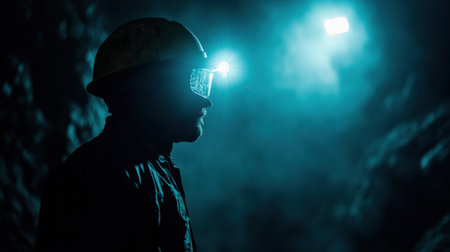 A lone coal miner in a dark tunnel, lit by his helmet, casts a striking silhouette that captures the mining experienceの素材