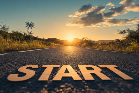 A winding asphalt road leads to the horizon with wooden letters spelling start, illuminated by a vibrant sunset, representing future possibilities and journeys.の素材