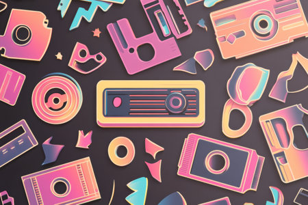 A vibrant collection of retro 90s stickers showcases funky shapes, bold outlines, and pastel gradients, all capturing the essence of nostalgia in design.の素材
