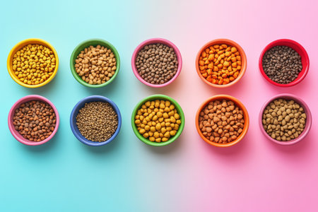 A set of neatly arranged colorful pet bowls showcases various types of dry food against a soft pastel background, creating a stylish dining setup.の素材