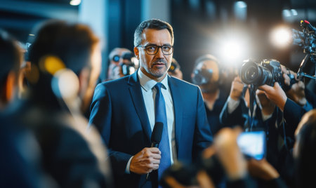 A politician captivates journalists during a lively press conference, surrounded by flashing cameras and eager reporters in a dynamic setting.の素材
