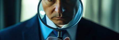 Close examination of a politician symbolizing increased scrutiny and accountability in the political landscape amid media control and fact-checking efforts.の素材