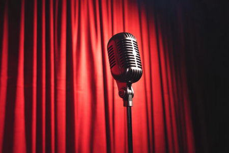 A retro microphone stands in front of a vibrant red curtain, illuminated by a spotlight, setting the stage for a speech or performance.の素材