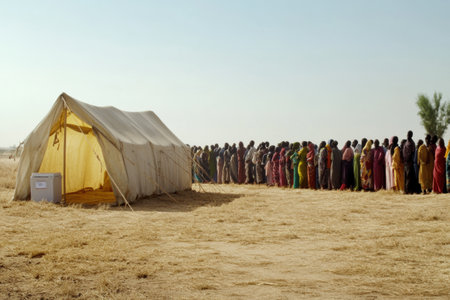 Voters line up under clear skies near a tent in a dry rural area, engaging in an important civic duty.の素材