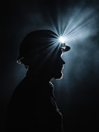 A solitary miner stands in the darkness, the light from his helmet casting beams that penetrate through the shadows, highlighting the gritty atmosphere.の素材