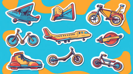 A vibrant collection of dynamic stickers featuring planes, bikes, scooters, and skateboards against a colorful backdrop.の素材