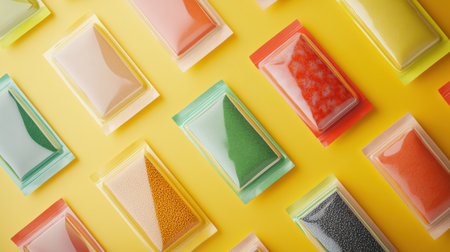 Colorful packaging design mockups for dry and wet pet food are arranged neatly in rows, showcasing a modern aesthetic against a bright background.の素材