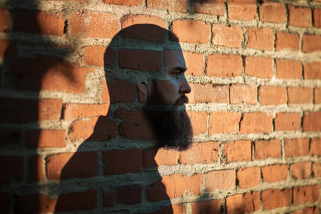 Silhouette of a bearded man projected on a textured brick wall highlighting the interplay of light and shadow in an urban setting at dusk.の素材