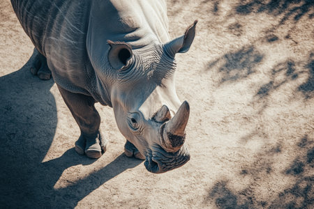 Rhinoceros stands with distinct gray skin texture, showcasing light shadows in a relaxed position against a softly lit white backdrop.の素材