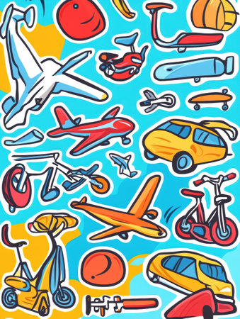 Vibrant collection of transportation stickers showcases various vehicles like planes, bikes, and scooters against a dynamic background brimming with color.の素材