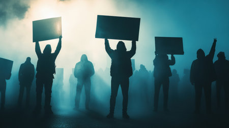 Silhouetted figures of protesters holding banners stand in foggy conditions, creating a powerful atmosphere for activism during the night.の素材