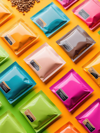 Brightly colored packaging designs for dry and wet pet food are displayed in neat rows on a vivid backdrop, showing a modern and appealing aesthetic.の素材